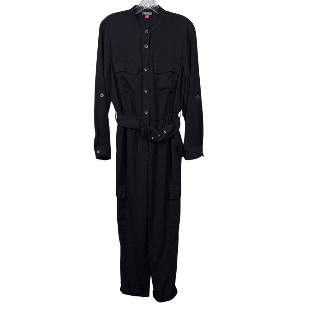 Vince Camuto Black Belted Cargo Jumpsuit Utility Pocket Long Sleeve Size 6 Chic